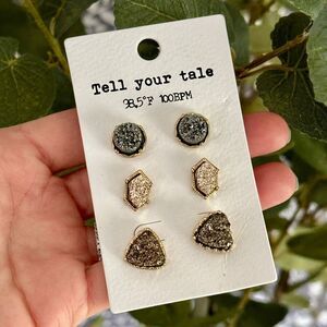 Druzy Stud Earrings Gold Gray Silver Post Boho Gem Stone Statement Jewelry 3 Set